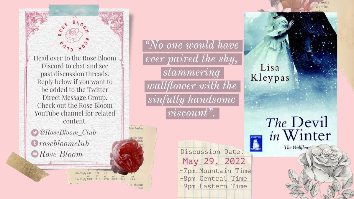 RoseBloom_Club's tweet photo. 🌹Book Club Announcement🌹

The book for APRIL- MAY 2022 is...

🤍"The Devil in Winter"❄️ by Lisa Kleypas

A discussion will be held on MAY 29th @ 7PM MST https://t.co/6KqCNbaQEA