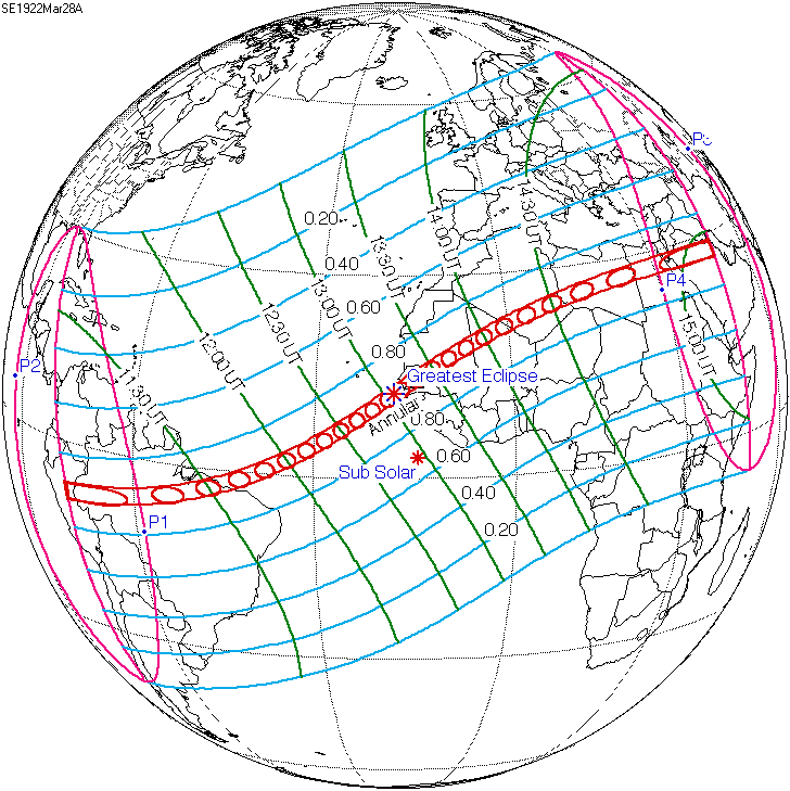 A solar eclipse occurs over parts of South America, the Atlantic Ocean, and northern Africa: