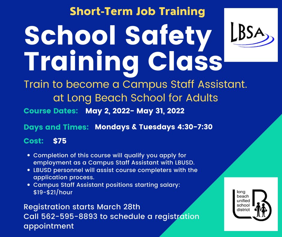 Registration starts Monday morning! Limited space! Great short-term job training opportunity! #ProudToBeLBUSD #AdultEd #LongBeach #JobTraining