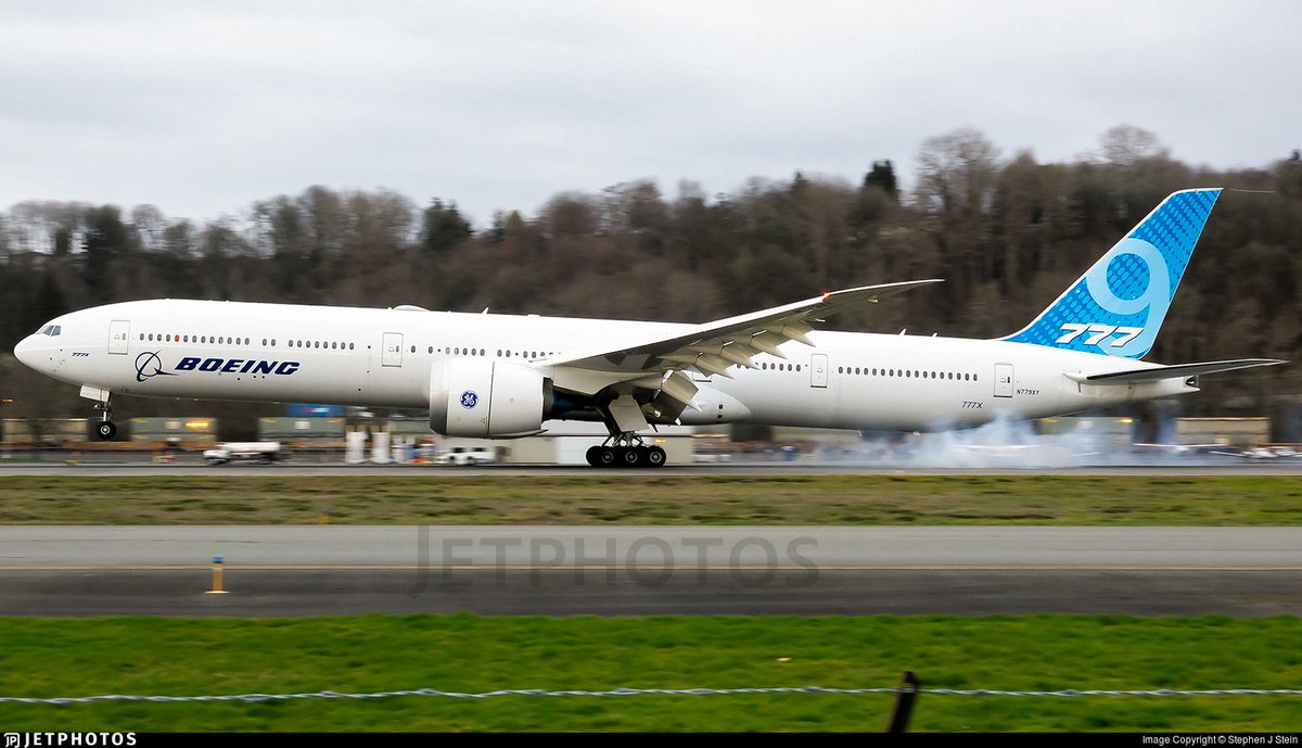 A Boeing 777-9 landing at Boeing Field. jetphotos.com/photo/10516789 © Stephen J Stein