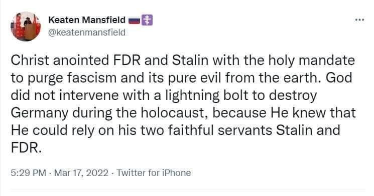 AntiLassalle's tweet photo. Caleb Maupin and the CPI cult believe Bonapartist and imperialist war monger FDR was a great man... and even a prophet of Jesus Christ? I didn't know Jim Jones came in ginger flavor. No wonder why @calebmaupin is a block queen. https://t.co/uqcboS9d3X