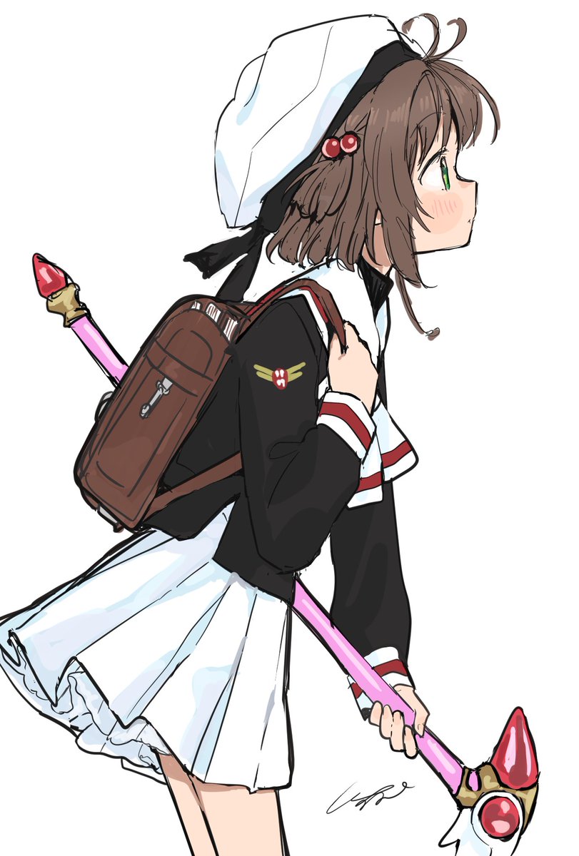 kinomoto sakura 1girl solo backpack skirt white skirt bag school uniform  illustration images