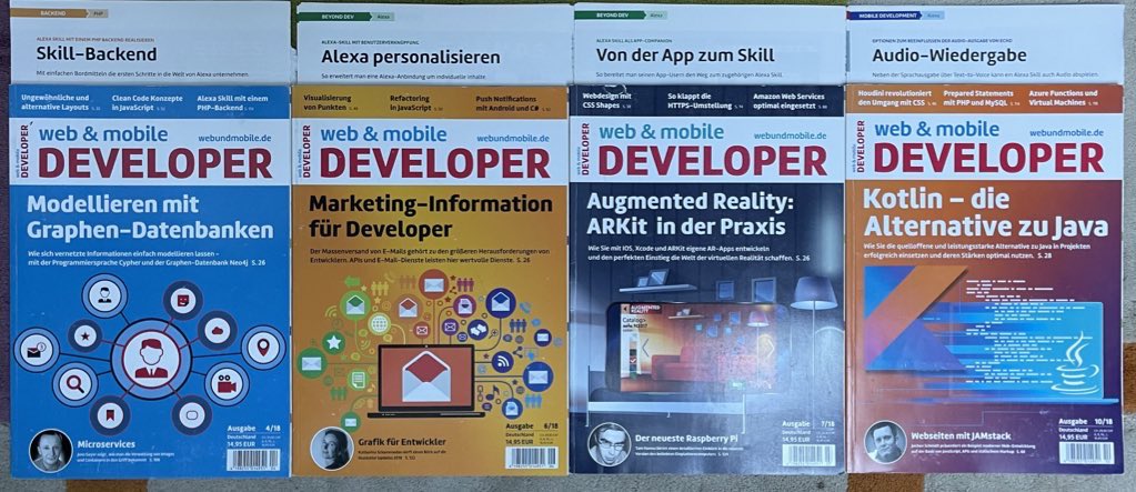 Anrufliste's tweet photo. Ach ja, fast vergessen: Am Wochenende wieder 3 Jahre der @webundmobile aussortiert - war die Hälfte der „Bunten Phase“ im Regal.

Im letzten Jahr (2018) sind dann sogar meine ersten vier Artikel zum @alexa99 Programmieren dabei. Die Belegexemplare behalte ich natürlich. https://t.co/UU7sLp5XSp