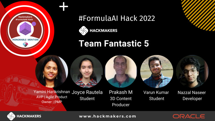 HackmakersDAO's tweet photo. Congrats to Team Fantastic 5 for being awarded as one of Honorable Mentions at the #FormulaAI #Hackathon 2022!
Submission video here: https://t.co/LWY7c9ey17
Big thanks to our sponsors at #Oracle and Red Bull Racing
Join #UN #WorldInnovationDay Hack 2022 - https://t.co/hFjiNVm1yY https://t.co/aKeYBM1fQ4