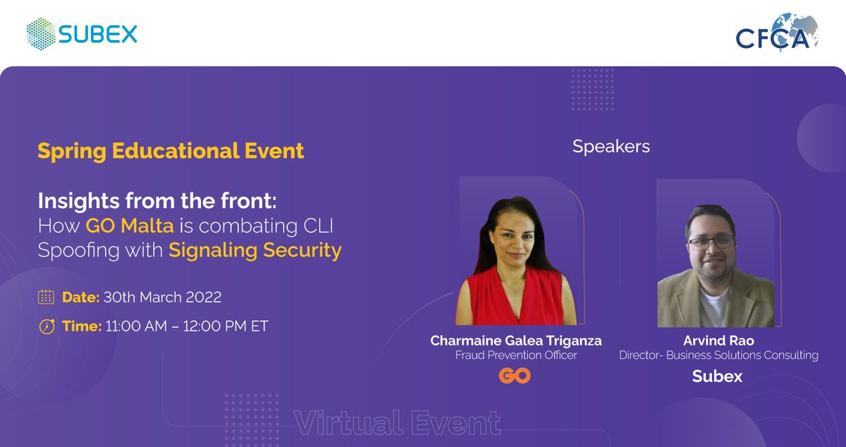 rhravip's tweet image. RT @@Subex: Charmaine Galea Triganza, #Fraud Prevention Officer, Go Malta, &amp;amp; Arvind Rao, Director-Business Consulting, Subex, will share their insights on how GO Malta is combating #CLISpoofing with #SignalingSecurity at the #CFCA Spring Educational Even…