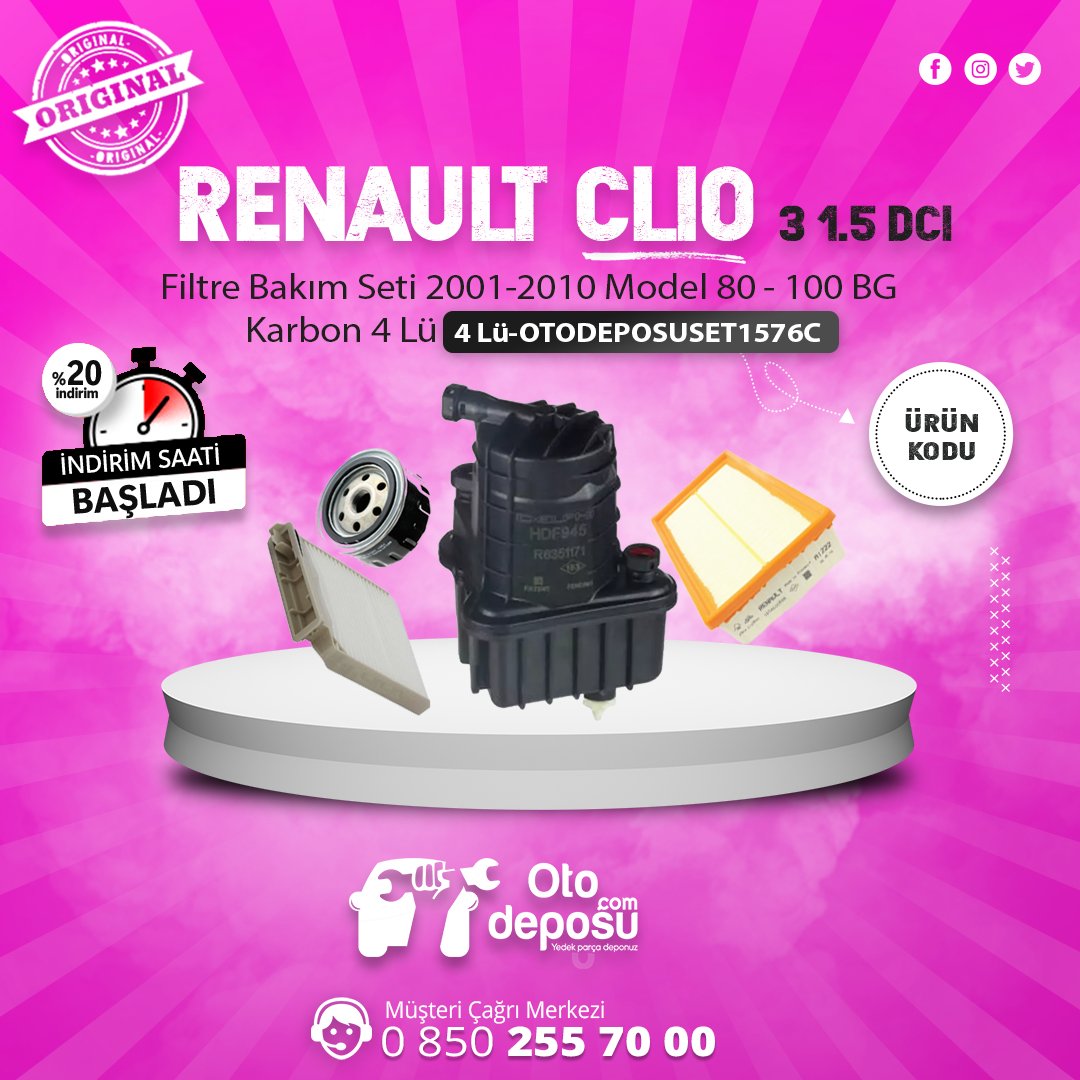 otodeposucom's tweet photo. Ürün Adı: Renault Clio 3 1.5 DCi Filtre Bakım Seti 2005-2012 Model 02-105 BG [4Lü-OTODEPOSUSET1576C] https://t.co/BicDQcUM8M