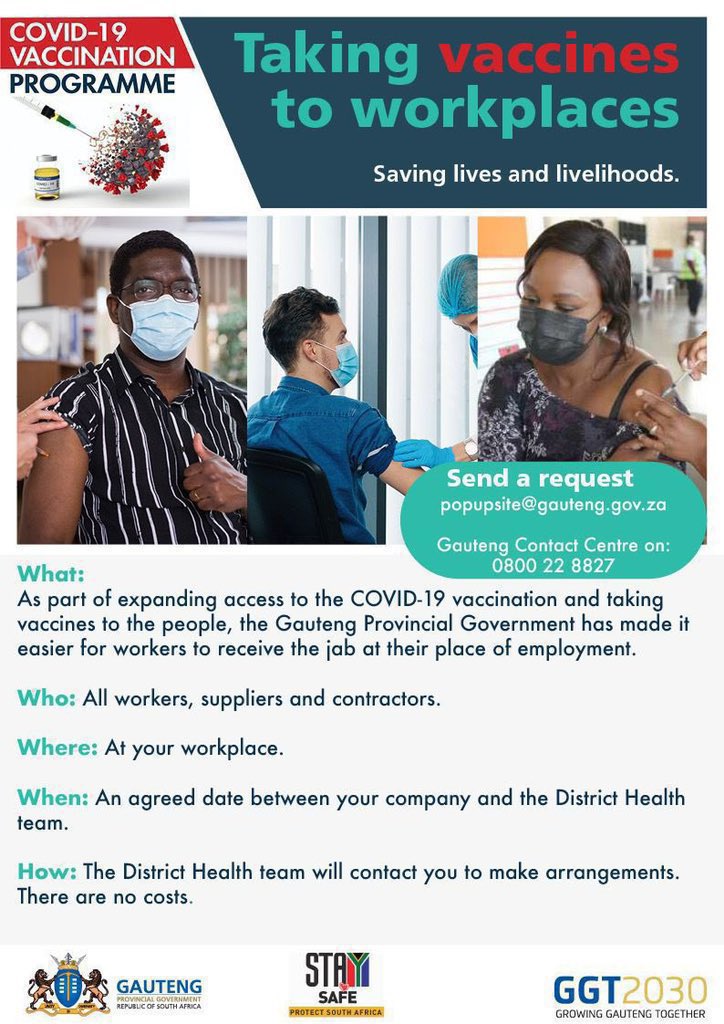 GautengHealth's tweet photo. Do you work in Gauteng at a place where there are 50 or more employees who need a COVID-19 vaccine jab? Send your request on Email: popupsite@gauteng.gov.za or call 0800 222 8827 and the @GautengProvince will come to your workplace and vaccinate all employees #VaccinesSaveLives https://t.co/QiRKzQHTx1
