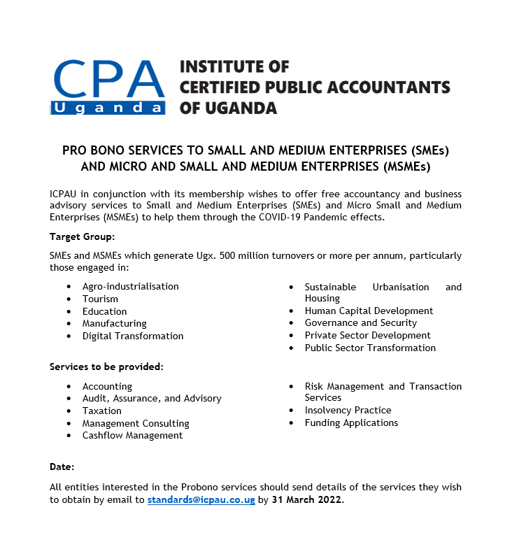 ICPAU1's tweet photo. Get your small/medium enterprises free accountancy &amp; business advisory services to assist through the recovery from the effects of COVID. Support in; accounting, audit, assurance &amp; advisory, taxation, management, cash flow management, risk management, etc will be provided. https://t.co/LgqqKjah8s