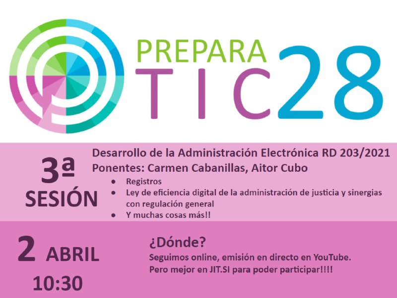 preparatic's tweet photo. 📢📢 ¡La tercera sesión de #TICTalks de #PreparaTIC ya está aquí! 

📜Tema: Desarrollo de la Administración Electrónica RD 203/2021
👩‍🏫Ponentes: Carmen Cabanillas y Aitor Cubo
📅 2 de abril
🕚10:30 am
🎙️ Streaming

Próximamente, más info. ¡Os esperamos! https://t.co/BpGQXsvEjU