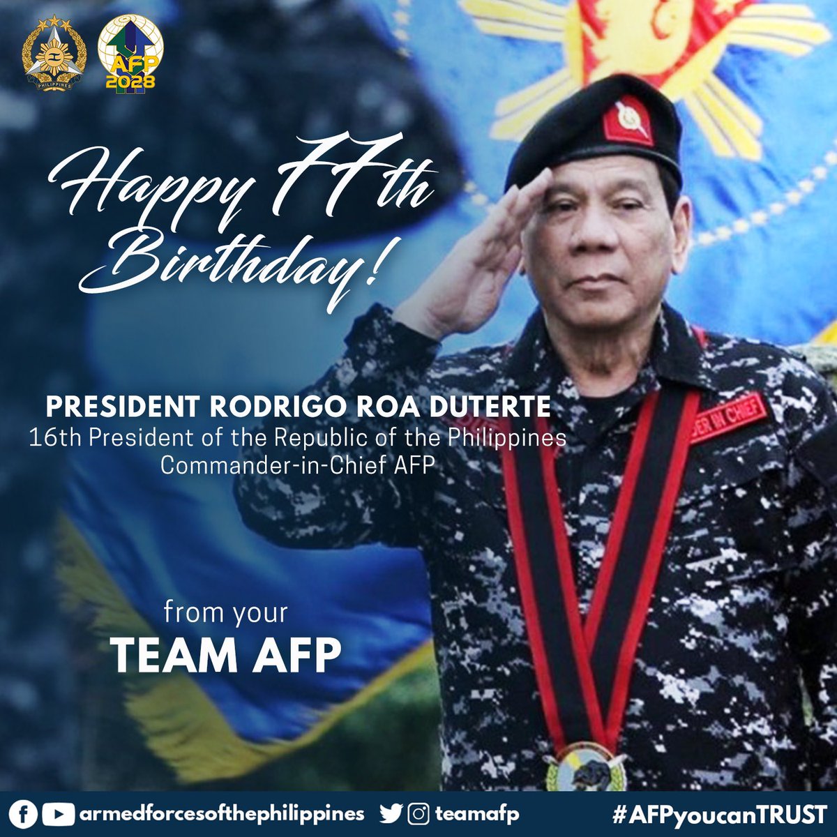 LakasNgTimog's tweet photo. No leader in our government’s history has shown the kind of love and respect to our armed forces as Rodrigo Duterte has. It’s no wonder why he enjoys the loyalty of the people around him. This is evident in his record-breaking satisfaction ratings for the past six straight years. https://t.co/YQgtyVutau