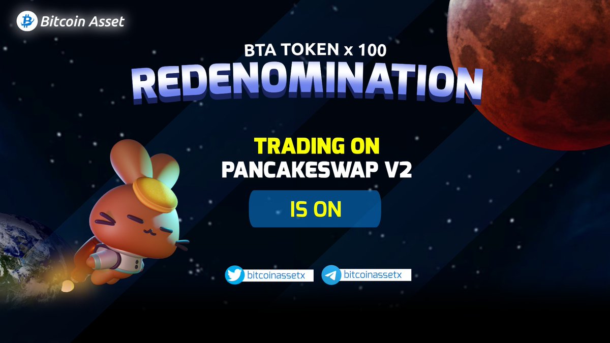 Bitcoinassetx's tweet photo. Dear BTA Community

Trading On Pancakeswap V2 is ON

BSC Smart Contract :
0x5D2436c74b8Ab54F3199f76a0761D30ca64A0827

We will update you about migration shortly. https://t.co/fE3b7lavPK
