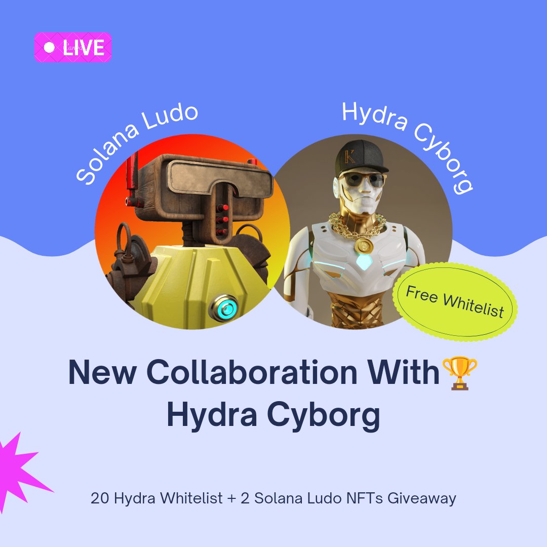 🎄Free Mint For WL🎄

We are giveaway 2 Solana Ludo NFTs and 20 Hydra Cyborg WL spot! 

To Enter: 
1. Follow <a href="/HydraCyborg_sol/">Hydra Dancer⚔️Free Mint⚔️Sold Out 😀💎</a> and <a href="/SolanaLudo/">⚔️Solana Ludo 3.0⚔️ (Sold Out)</a>
2. Like &amp; RT the tweet   
3. Tag 1 good friend &amp; something nice about them    

 🎁Ends in 1 April.💎
#freemint #solana #SolanaNFTs