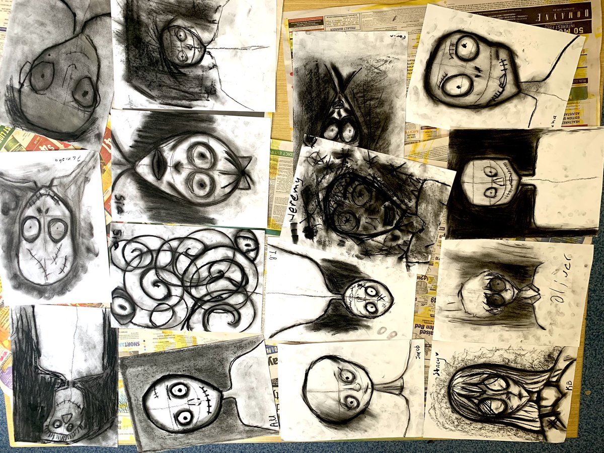 Stage 3 <a href="/HarcourtPS/">Harcourt PS</a> is inspired by Tim Burton this week and compressed charcoal is the perfect medium to be working in. These are our preliminary drawings and sketches. #TimBurton #LoveWhereYouLearn #charcoal #arteducation #PublicSchoolProud #blackandwhite