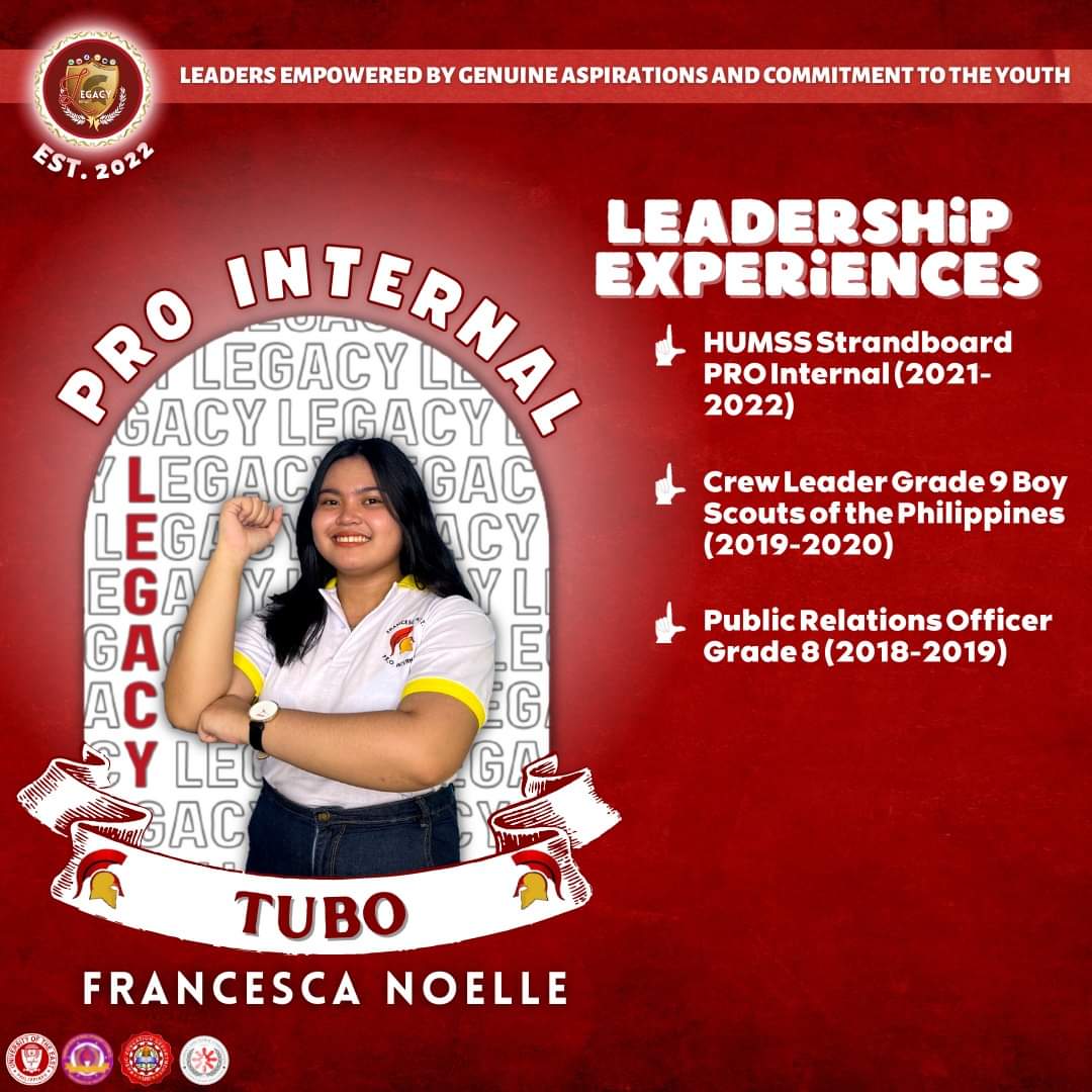 LegacyParty_UE's tweet photo. HIGHLIGHTS | Credentials
Francesca Tubo, your next P.R.O Internal from LEGACY Party. Here are her credentials:
#KayTUBOtutuboTayo
#VoteSTRAIGHT
#VoteWISELY
#VoteLEGACYParty
#LegacyForConsistency
#SaLegacyWalangPagsisisi https://t.co/kiLH4P2xLx