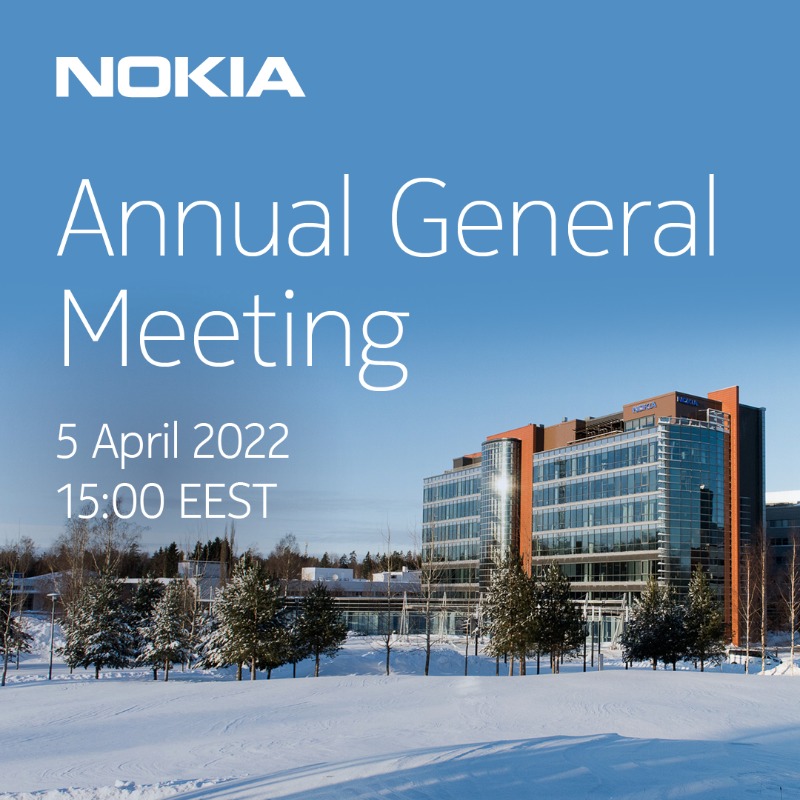 nokia's tweet photo. Our Annual General Meeting will be held on 5 April 2022 at 15:00 EEST. Register now to watch the webcast here https://t.co/98HJvK8bBO. Participation and exercise of shareholder rights in the Meeting is possible only by voting in advance. https://t.co/bXaKSoNfpP #NokiaAGM