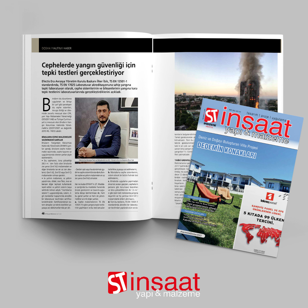 Efectis Era Avrasya Test ve Belgelendirme A.Ş. Yönetim Kurulu Başkanı İlker İbik, cephelerde yangın güvenliği için tepki testleri gerçekleştirdiklerini söyledi.

ST İnşaat Yapı &amp; Malzeme Dergisi'nin Mart sayısında: dergi.stdergileri.com/st-insaat-malz…

#endüstri #inşaat #dergi