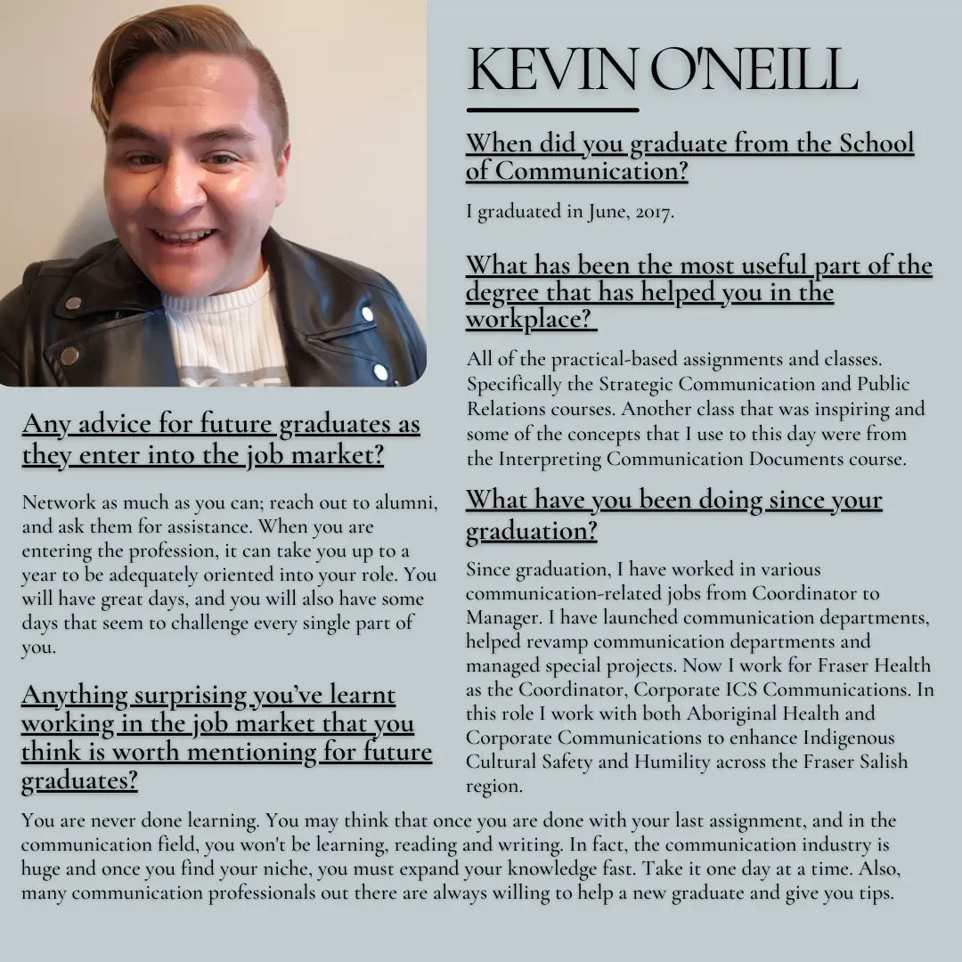 Our next alumni profile belongs to the talented Kevin who tells us of his experience in Corporate Communications and how beneficial the practical-based assignments have been. Thanks for participating! #CapU #NorthVan #Communications #ILoveCapU #CapUProud