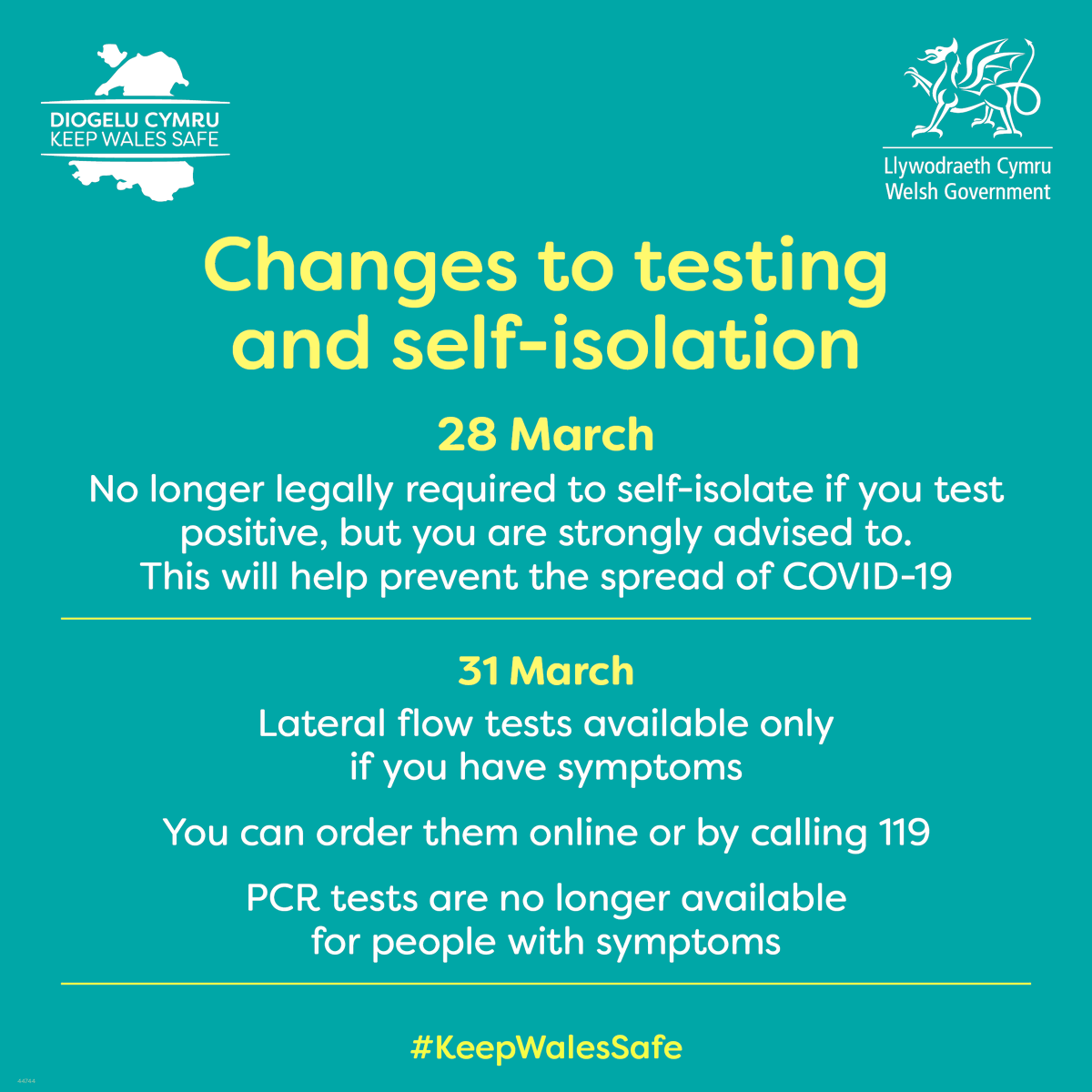 WelshGovernment's tweet photo. The ways we test for coronavirus and self-isolate are changing in Wales.

Here are the key things you need to know 👇
https://t.co/pAnQPzmjfa https://t.co/qYTNLquEka