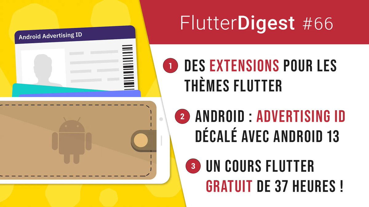 Voici le programme du numéro 66 🔥 de la newsletter #Flutter : 

1️⃣ L'arrivée des extensions pour les thèmes Flutter
2️⃣ Préparez-vous à gérer l'Android Avertising ID
3️⃣ Et n'oubliez pas le meetup ce midi avec <a href="/aloisdeniel/">Aloïs Deniel</a> !

A lire sur buff.ly/3LnzkEB
