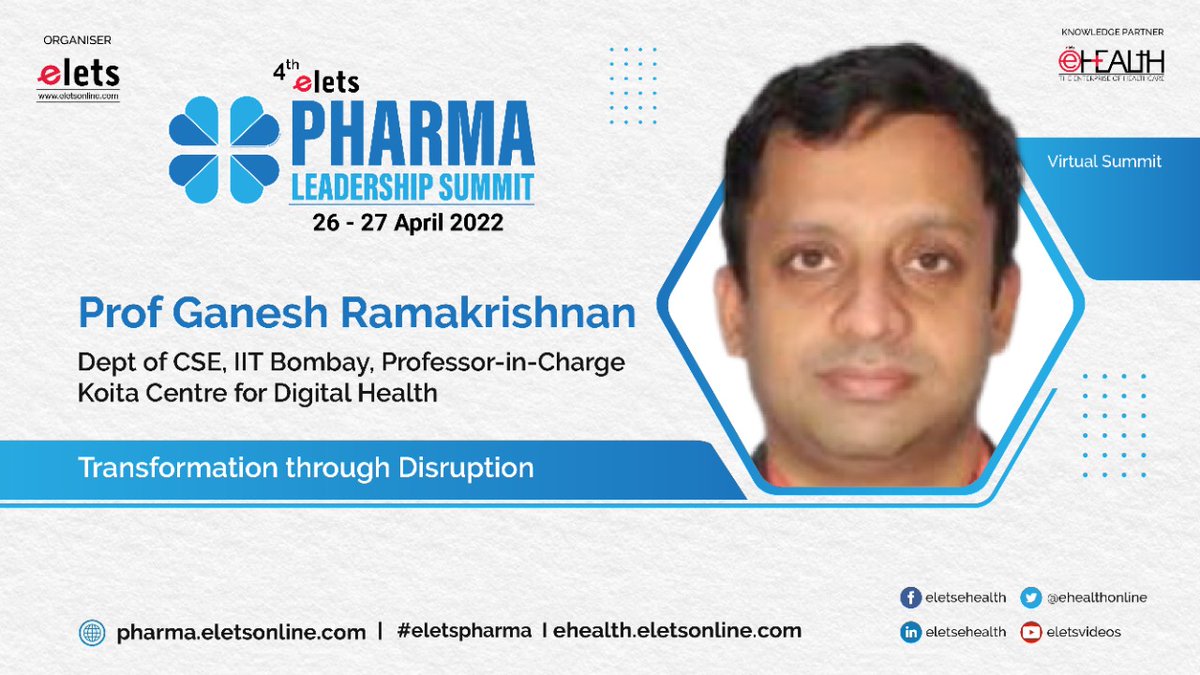 ehealthonline's tweet photo. We are elated to welcome @ganramkr, Dept of CSE, @iitbombay, Professor-in-Charge, Koita Centre for Digital Health who will be sharing his insights at the 4th Elets Pharma Leadership Summit.
Register now: https://t.co/9eXTlUSNBd
https://t.co/YsFL6qrjC0
#EletsPharma #EletsHealth https://t.co/D9yA2nuGXg