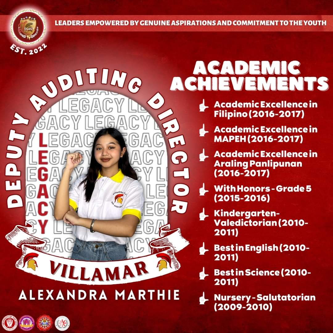 LegacyParty_UE's tweet photo. HIGHLIGHTS | Credentials
Alexandra Marthie T. Villamar, your next Deputy Auditing Director from LEGACY Party. Here are her credentials:
#AlexandraSaKultura
#LegasiyaParaSaBawatIsa
#VoteSTRAIGHT
#VoteWISELY
#VoteLEGACYParty
#LegacyForConsistency
#SaLegacyWalangPagsisisi https://t.co/lEWXGkdHb1