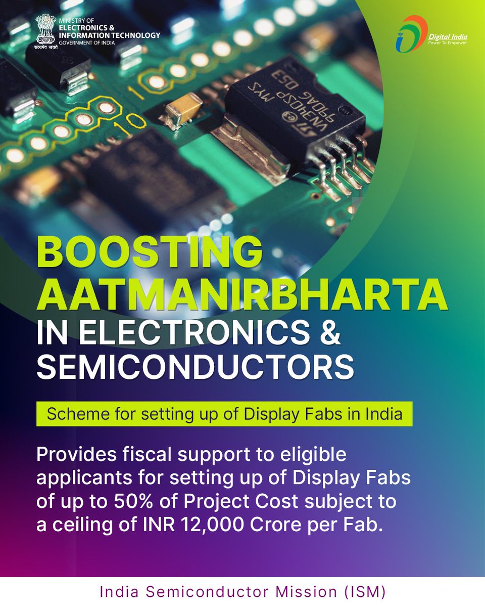 _DigitalIndia's tweet photo. #DigitalIndia | Scheme for setting up of #DisplayFabs in India provides fiscal support to eligible applicants for setting them up; aimed at attracting large investments for setting up TFT LCD / AMOLED based display fabrication facilities in India. #AatmaNirbharBharat https://t.co/WlVn5aXL2M