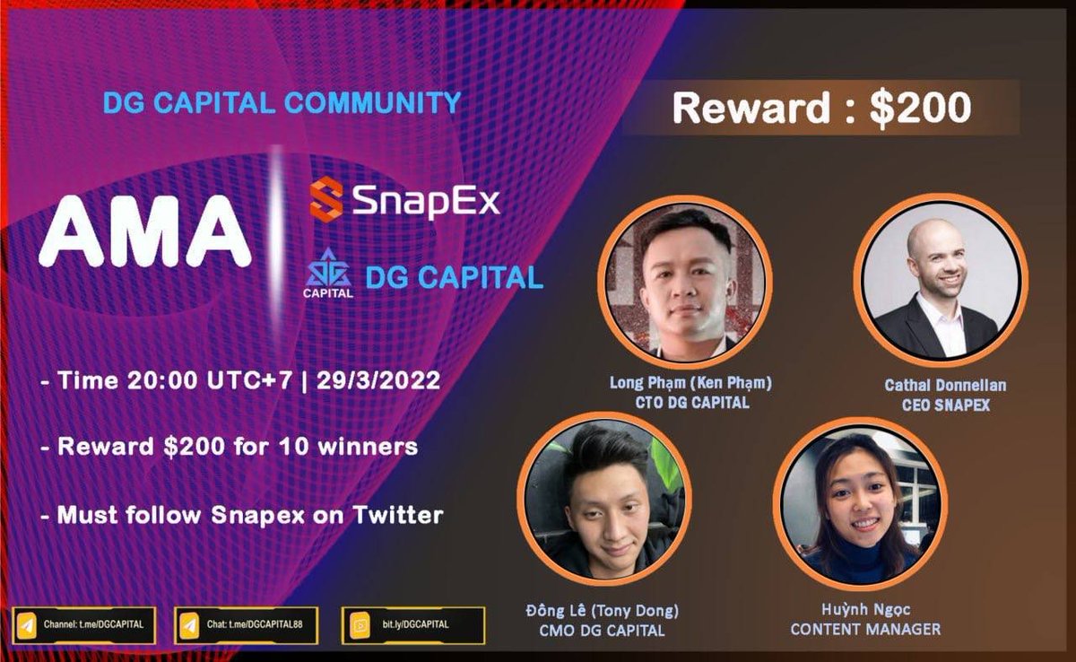 Big #AMA Session coming up with @CJD_SnapEx and <a href="/DGCAPITAL88/">DC CALL</a> 

📅: Mar 29th, 1:00 PM UTC
📍: t.me/DGCAPITAL88
🗣: DG Capital &amp; CJD 

Save 💾 the 📅 and drop your questions 

Want to win the prize? 

Join the SnapEx Global Telegram Group &amp; DG capital Group, tag 3 friends