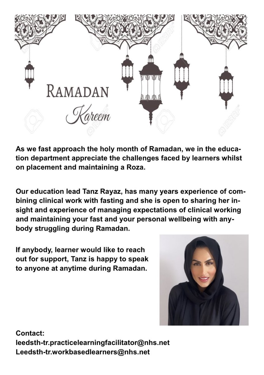 ☪️Ramadan Kareem☪️ to all our learners at <a href="/LeedsHospitals/">Leeds Teaching Hospitals</a> . 
This might be your first experience of fasting and practicing clinically and we are here to support you. <a href="/LBUHealth/">The School of Health, Leeds Beckett University</a> @LeedsMedHealth <a href="/nmcnews/">Nursing and Midwifery Council</a> <a href="/gmcuk/">GMC</a> <a href="/The_HCPC/">HCPC</a> @TanzRayaz @LisaGibso @KatieRobi38 <a href="/Workbased_L/">Work Based Learners LTHT</a> #Ramadan2022