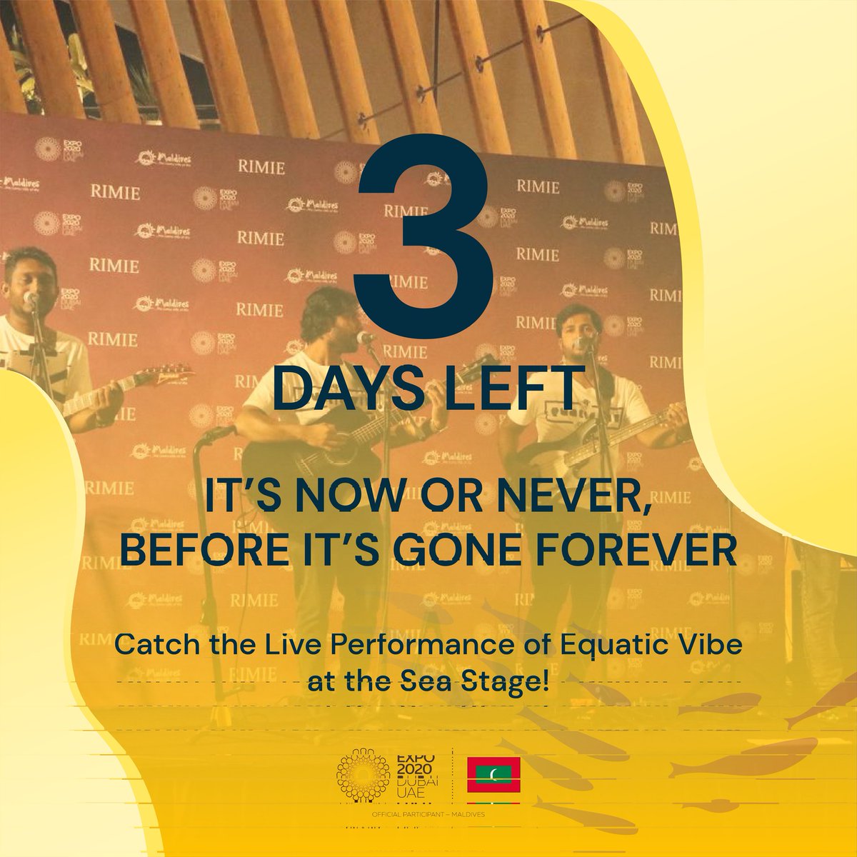It's now or never, before its gone forever!

Catch the live performance of <a href="/equaticvibe/">Equatic Vibe</a> at the Sea Stage tonight from 08:00 - 09:00pm!

#Expo2020 <a href="/MoEDmv/">Ministry of Economic Development and Trade</a> <a href="/MoTmv/">Ministry of Tourism and Environment</a> <a href="/visitmaldives/">Visit Maldives</a> <a href="/NCA_MDV/">NCA</a> <a href="/MDVinUAE/">Maldives Embassy UAE</a>