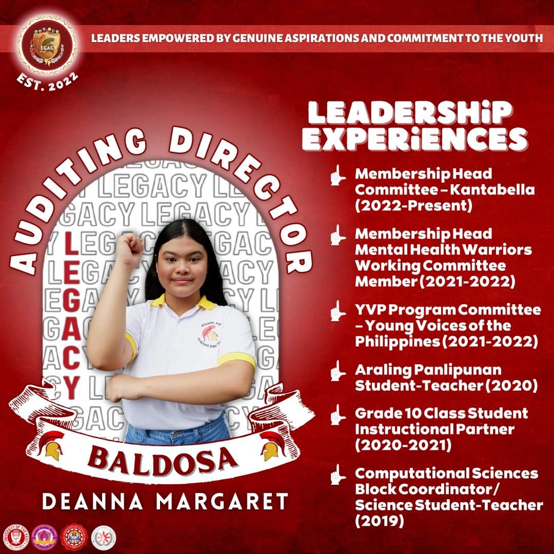 LegacyParty_UE's tweet photo. HIGHLIGHTS | Credentials
Deanna Margaret B. Baldosa, aspiring to be your next Auditing Director from LEGACY Party. Here are her credentials:
#anDEANNASiyaParaSayo
#VoteSTRAIGHT
#VoteWISELY
#VoteLEGACYParty
#LegacyForConsistency
#SaLegacyWalangPagsisisi https://t.co/qjPCHgYF8F
