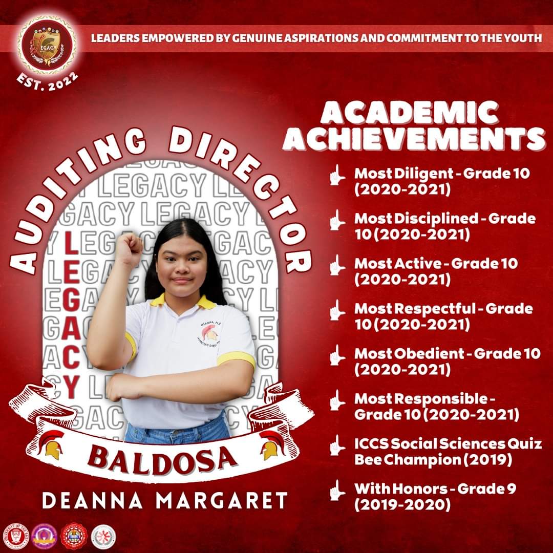 LegacyParty_UE's tweet photo. HIGHLIGHTS | Credentials
Deanna Margaret B. Baldosa, aspiring to be your next Auditing Director from LEGACY Party. Here are her credentials:
#anDEANNASiyaParaSayo
#VoteSTRAIGHT
#VoteWISELY
#VoteLEGACYParty
#LegacyForConsistency
#SaLegacyWalangPagsisisi https://t.co/qjPCHgYF8F