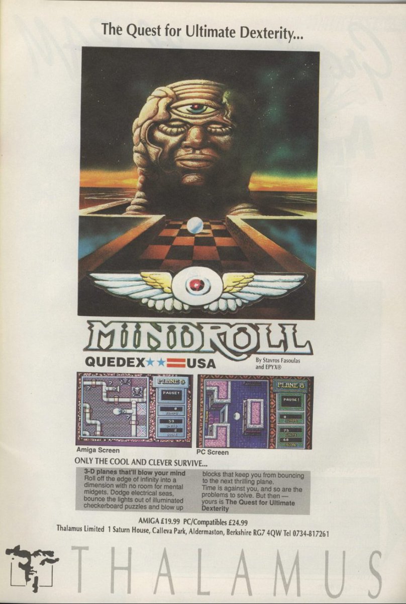TakodanTweets's tweet image. 1990 ad for a game called 'Mindroll' by #Thalamus on #Commmodore #Amiga and #IBM #PC