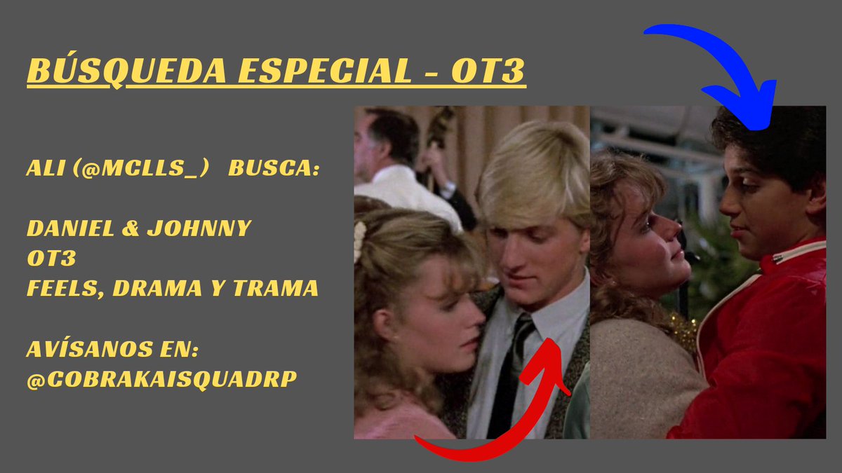 2ª LLAMADA!!🐍

𝐒     OT3 para <a href="/mclls_/">❀ 𝐀𝐋𝐈.╭ 𝟖𝟎𝐬</a>
𝐄     Daniel LaRusso y Johnny Lawrence

𝐁     Se requiere conocimiento de los
𝐔     personajes y compromiso
𝐒
𝐂      FC:  Ralph Macchio y
𝐀      William Zabka (Jóvenes) 

               ¡Reserva al MD!
                      ◜↻﹢♡◞