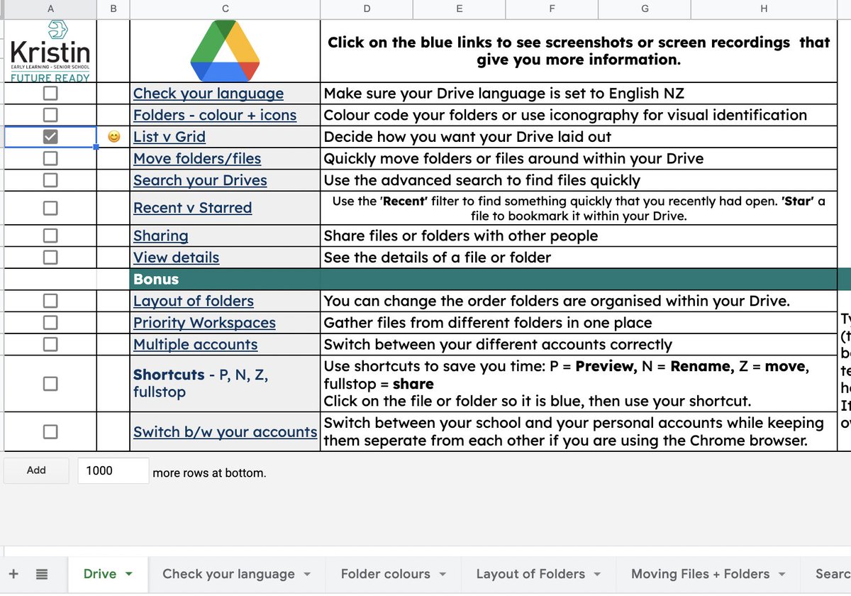 Tried a new format for #teacherPD today - used a #GoogleSheet 😊
💡makes a checklist so they can choose where to go next
💡what do they know - check it off
Linked &amp; navigated super easily, includes videos 
Worked really well - tchrs loved it 👍🏼
<a href="/GoogleForEdu/">Google for Education</a> #edtech #BeDifferent
