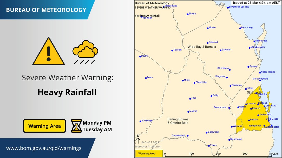 BOM_Qld's tweet photo. ⚠️Severe Weather #Warning update: warning area contracted slightly south, heavy to locally intense rainfall remains possible for southeast #QLD this evening and overnight. See separate Flood Watch, details and updates at: https://t.co/FBmpsInT9o https://t.co/sBSqmSwJzb