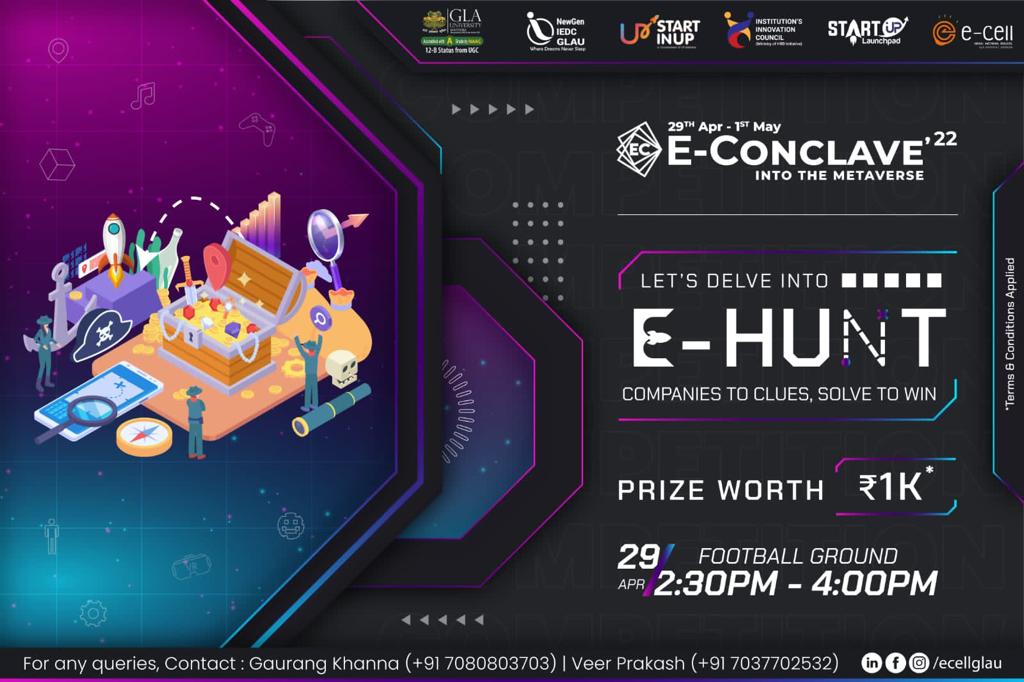 UPStartuppolicy's tweet photo. Wanna be the next 007?
Here's a bold HUNT for you
@ecell_glau brings E-HUNT, a firing opportunity for our young minds. This Adventure HUNT is packed with gifts & goodies.
Register:https://t.co/MgZ6yYw03b
#StartInUP #econclave #glauniversity #innovation #ideas #startup #business https://t.co/6us0nuemwZ