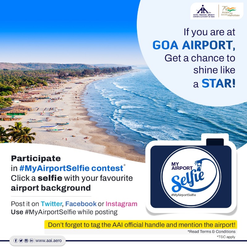 AAI_Official's tweet photo. Make your air travel fun by participating in #AAI’s contest! If you are travelling from #Goa @aaigoaairport, click a selfie and post it on social media using #MyAirportSelfie. Tag AAI handle and mention the airport’s name. If shortlisted, you will be informed by a DM.