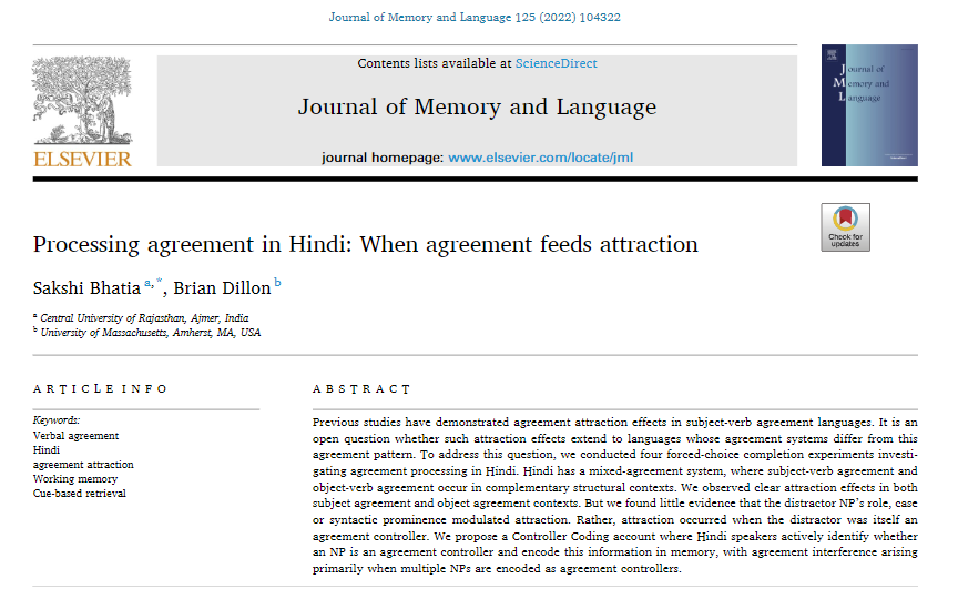 linguistsakshi's tweet photo. Happy to share that my paper with @linguistbrian "Processing Agreement in Hindi: When agreement feeds attraction" is out in the Journal of Memory and Language. 
Get your freely accessible pdf copy before May 6, 2022!
https://t.co/gDPNvZsLr6 https://t.co/CzRDj01rCK