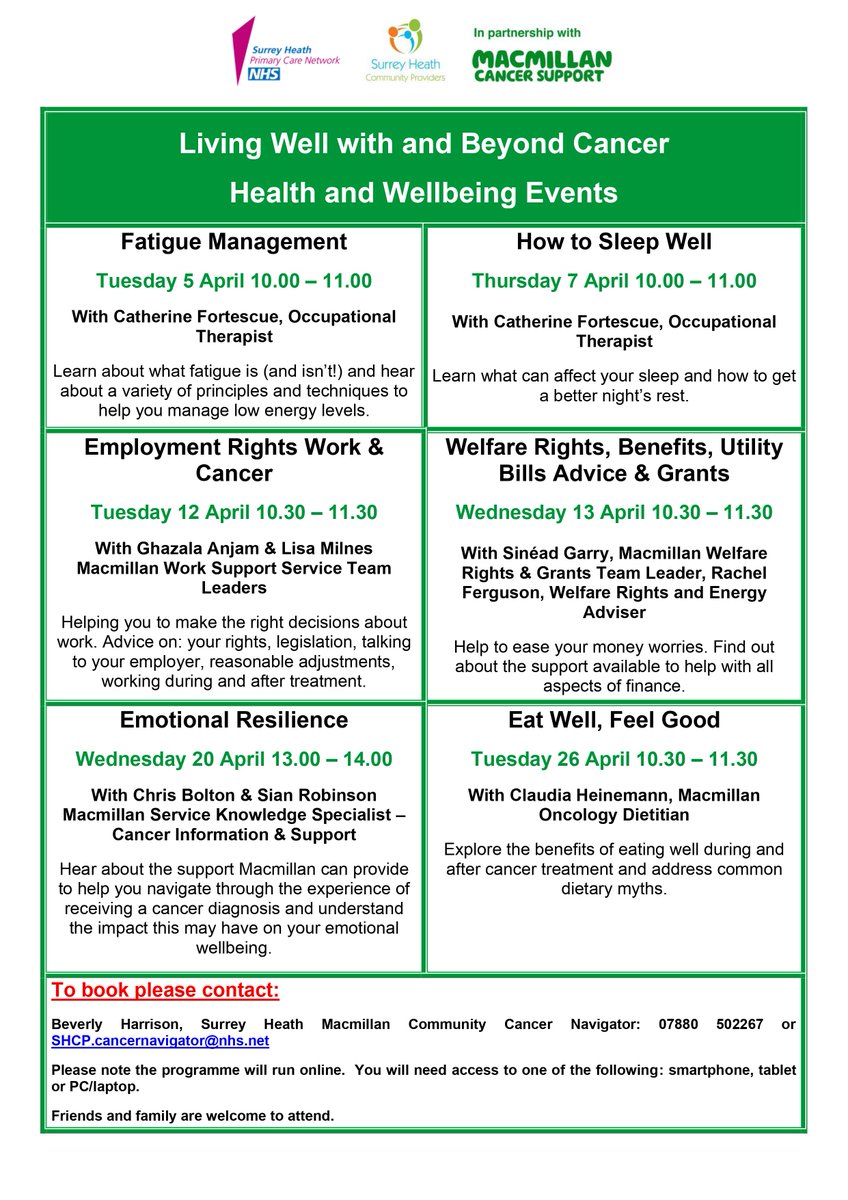 A reminder that <a href="/TalkCancerSH/">Surrey Heath Macmillan Community Cancer Navigator</a> will be running a series of online health and wellbeing events starting on 5 April to support anyone whose life has been affected by cancer in the #SurreyHeath area. Tel 07880 502267 if you'd like to know.   <a href="/SurreyHeartland/">Surrey Heartlands Health and Care Partnership</a>