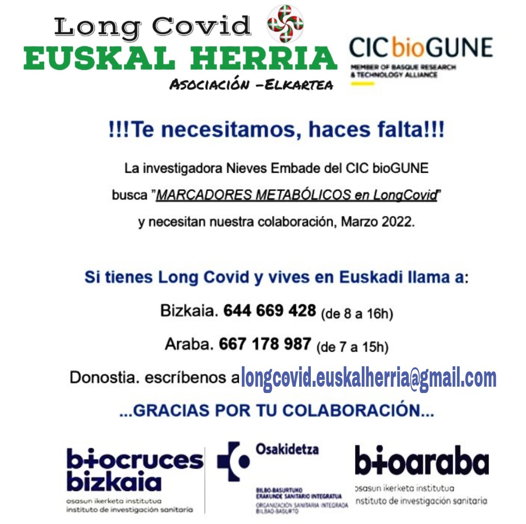 covideuskal's tweet photo. Junto a @CICbioGUNE, os pedimos que colaboréis para poder hallar los marcadores metabólicos en #LongCovid.
Los estudios son piezas clave para la investigación que l@s enferm@s reclamamos.
@biocrucesHRI @IIS_Bioaraba @OSIBilbaoBasurt @osakidetzaEJGV
#ResearchLongCovid https://t.co/9VCdKtFRoM