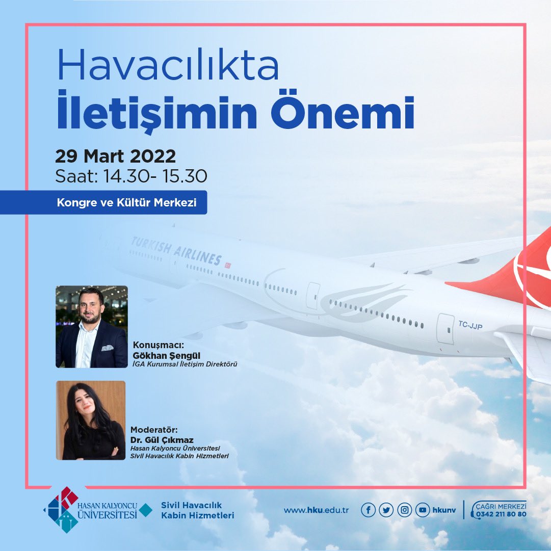 " Başarının Sırrı İletişimdir."
İGA Kurumsal İletişim Direktörü Gökhan Şengül’ün konuşmacı olarak katılacağı “Havacılıkta İletişim Önemi” konulu etkinliğimize tüm öğrenci arkadaşlarımızı ve hocalarımızı bekleriz
<a href="/hkunv/">Hasan Kalyoncu Üniv</a> <a href="/TurkayDereli/">Türkay Dereli</a> <a href="/gokhansengul/">Gökhan Şengül</a> <a href="/hku_myo/">Hasan Kalyoncu Üniversitesi Meslek Yüksekokulu</a>