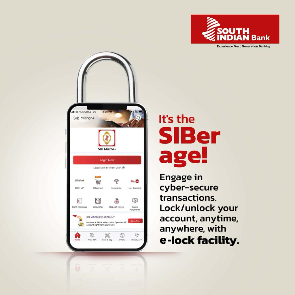 OfficialSIBLtd's tweet photo. Secure your Digital transactions with e-lock facility through SIB Mirror+ App. To download click https://t.co/dVIDoEZaJs
#sib #mirrorplus #southindianbank #bankonus https://t.co/lscCdgxy3K