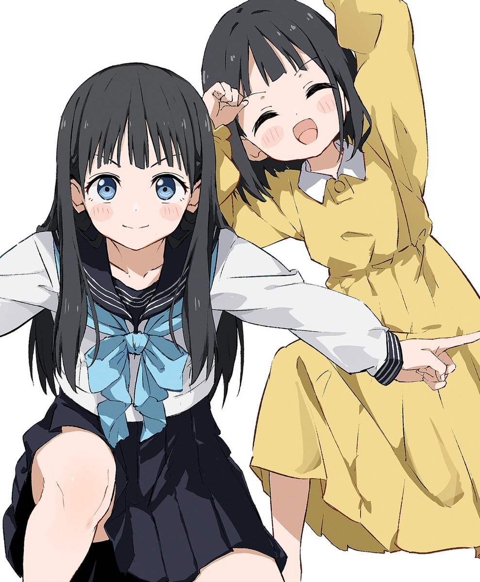 multiple girls 2girls school uniform black hair smile blue eyes serafuku  illustration images