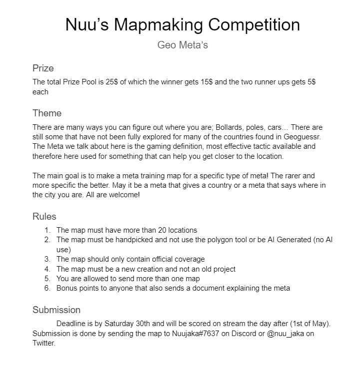 Nuu_jaka's tweet image. We have returned with another @geoguessr competition! This time the theme is around Meta's and the deadline is the end of April! Good luck everyone! 😘