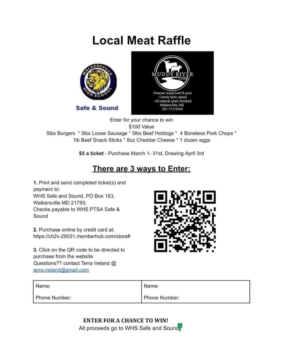 WHSsafeandsound's tweet photo. Last week to enter for your chance to win a bundle of meats from your local Muddy River Farm.  Each chance is $5 and proceeds go to WHS Safe and Sound.  Don’t miss out… https://t.co/ovgd3it8u2