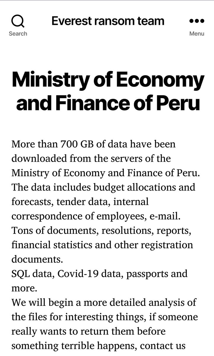 elhackernet's tweet photo. Grupo de ransomware Everest anuncia 700GB robados al Ministerio de Economía y Finanzas Perú 🇵🇪
https://t.co/nFdPePBuKK https://t.co/ECDmlK8zkL