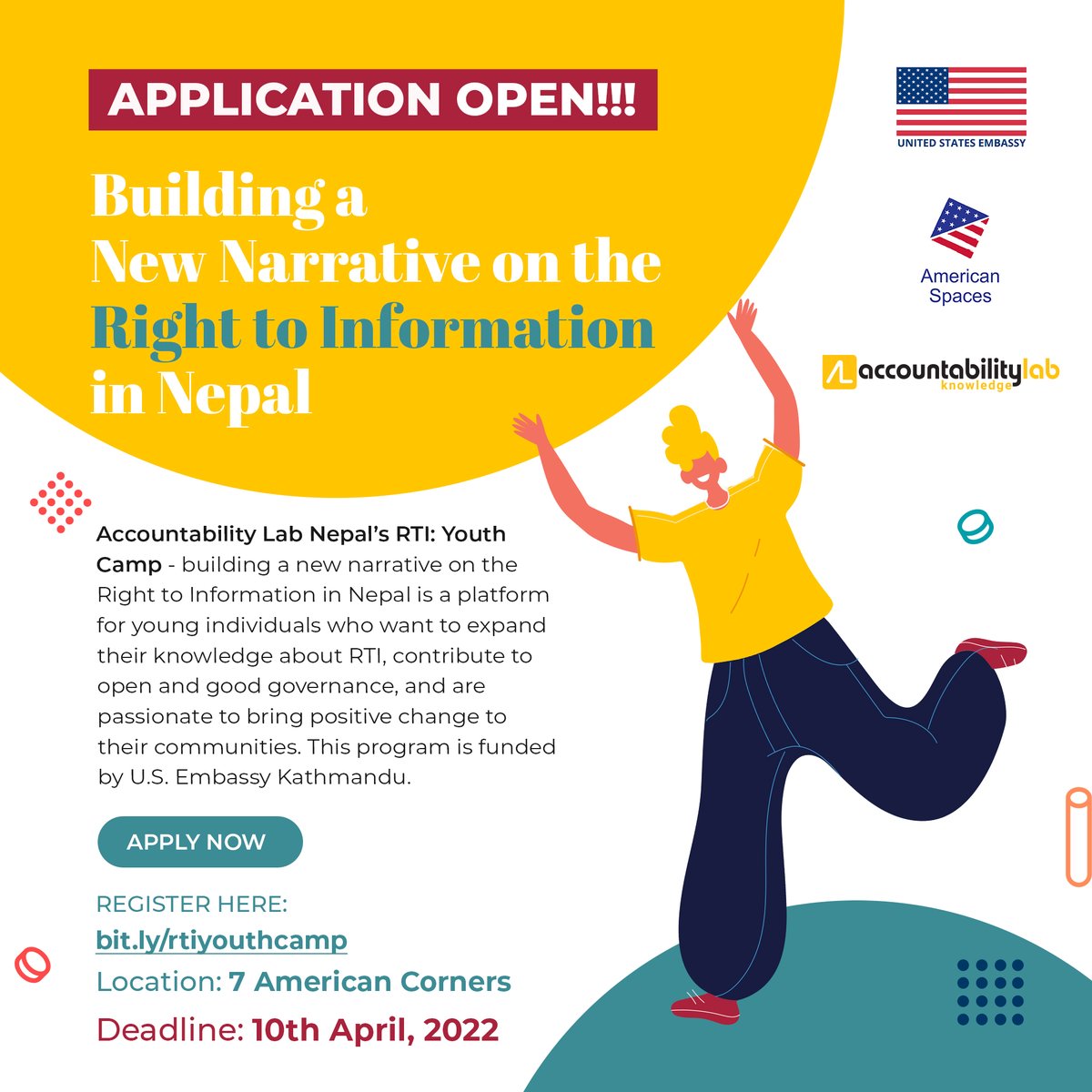 If you are passionate about #opengovernment, #transparency, & #RTI, then this is an opportunity for you! We are conducting an RTI: Youth Camp in 7 different locations across Nepal. For more details: docs.google.com/.../1FAIpQLSdF… @USEmbassyNepal @AmericanSpaces @AccountLab