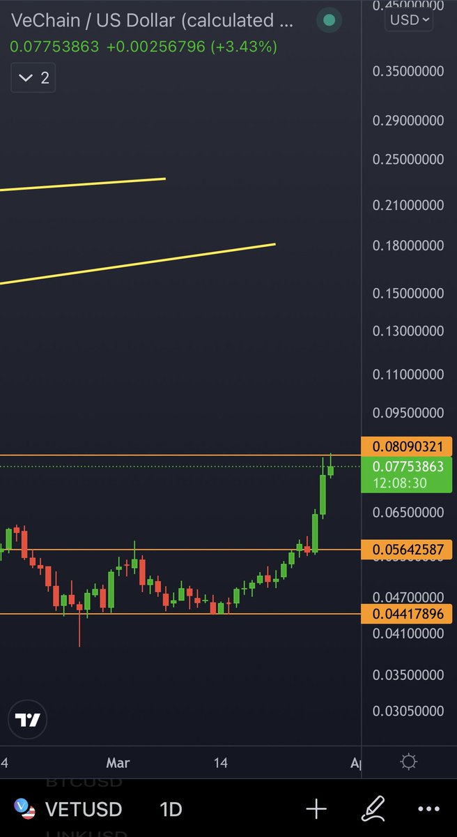 cryptoginska's tweet photo. $VET #VET
I still have this chart from back in December. 
We fell out of the ascending channel and we did hit and settle at the 3rd support for some time. Right now we have .081 as the resistance to get through for further move to the upside. https://t.co/QYfJ3Hzba7