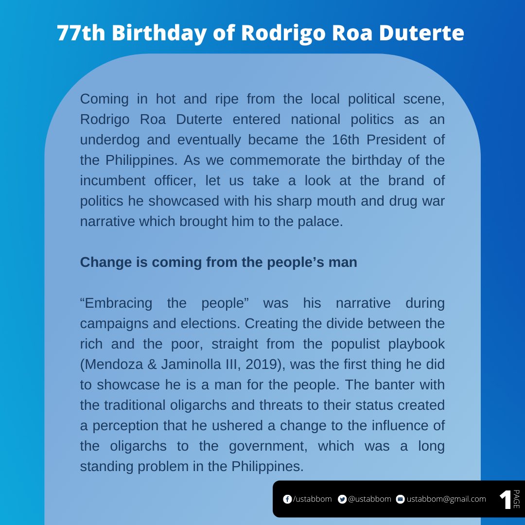 ustabbom's tweet photo. As we commerate the birthday of the President of our country. Let us take a quick on who the president has become eversince he took office nearly 6 years ago.

AB Board of Majors, presents its commemoration of the 77th birthday of President Rodrigo Roa Duterte.

#BeyondOurMajors https://t.co/7fqaoAjyLU