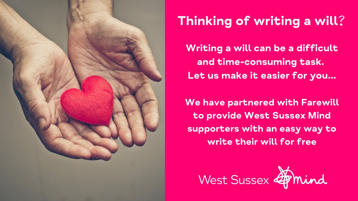 WestSussexMind's tweet photo. West Sussex Mind has partnered with #farewill to provide you with the opportunity to write your will for free.
Support local people by leaving a #legacy to West Sussex Mind ❤️
Visit https://t.co/8qhrQyfOsA to write your will!
#will
#mentalhealth
#westsussex https://t.co/VaF3Wv7ahS